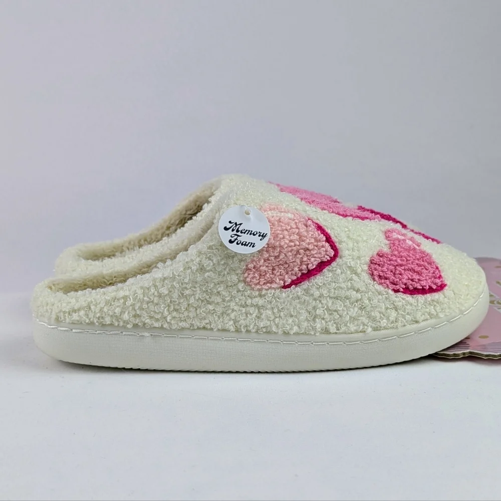 Hearts Slippers Sherpa Upper Fleece Memory Foam Slip On Ivory Pink L (8/9) NWT - Picture 4 of 13